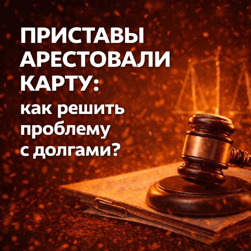 Судейский молоток на фоне документов и огненного фона с текстом «Приставы арестовали карту: как решить проблему с долгами