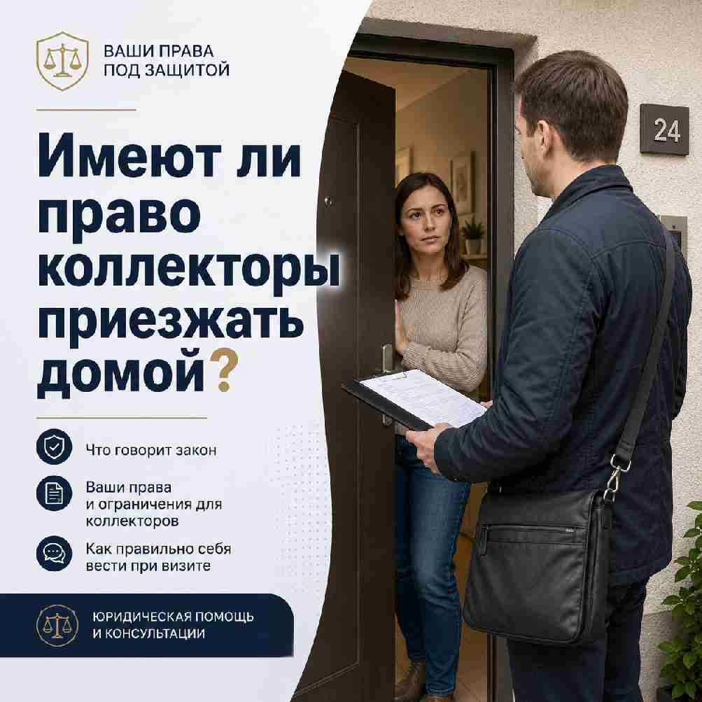 Информационная картинка о правах должника при визите коллектора домой: женщина стоит в дверях квартиры, перед ней мужчина с документами, рядом заголовок «Имеют ли право коллекторы приезжать домой?».