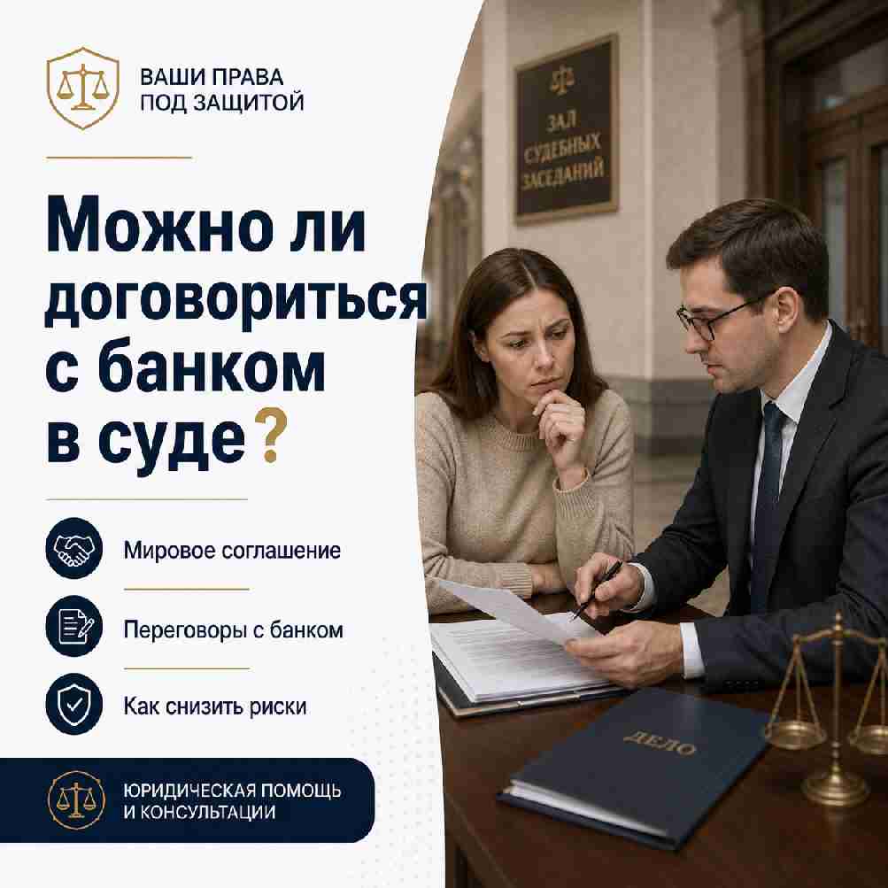 Юридическая консультация в суде по спору с банком: клиент и юрист изучают документы, рядом заголовок «Можно ли договориться с банком в суде?».