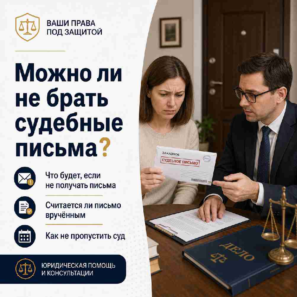 Юридическая консультация по судебным письмам: женщина держит конверт с пометкой «Судебное письмо», рядом юрист, а на изображении размещён заголовок «Можно ли не брать судебные письма?».