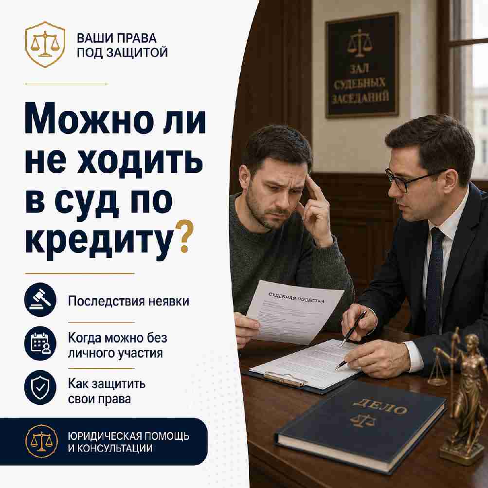 Юридическая консультация по кредитному спору: заемщик с судебной повесткой обсуждает документы с юристом, рядом заголовок «Можно ли не ходить в суд по кредиту?».