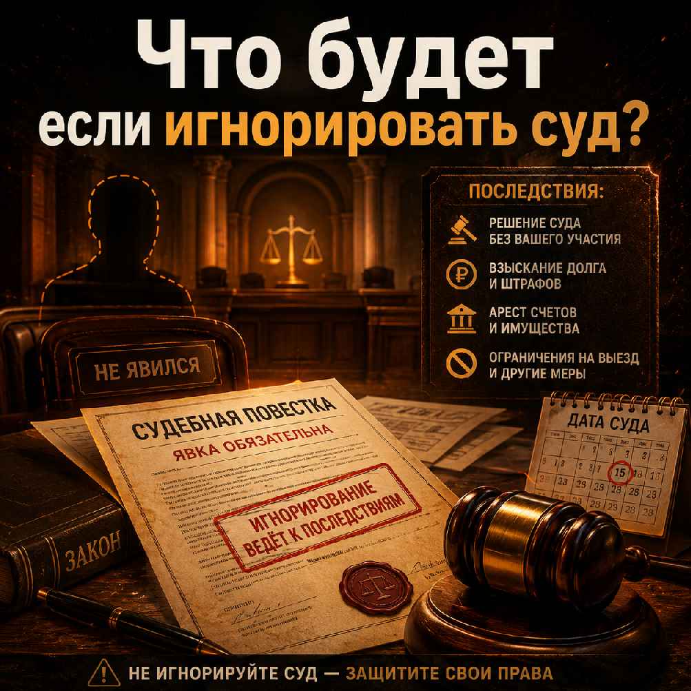 Тематическая юридическая иллюстрация о последствиях игнорирования суда: судебная повестка, молоток судьи, зал суда и заголовок «Что будет, если игнорировать суд?».
