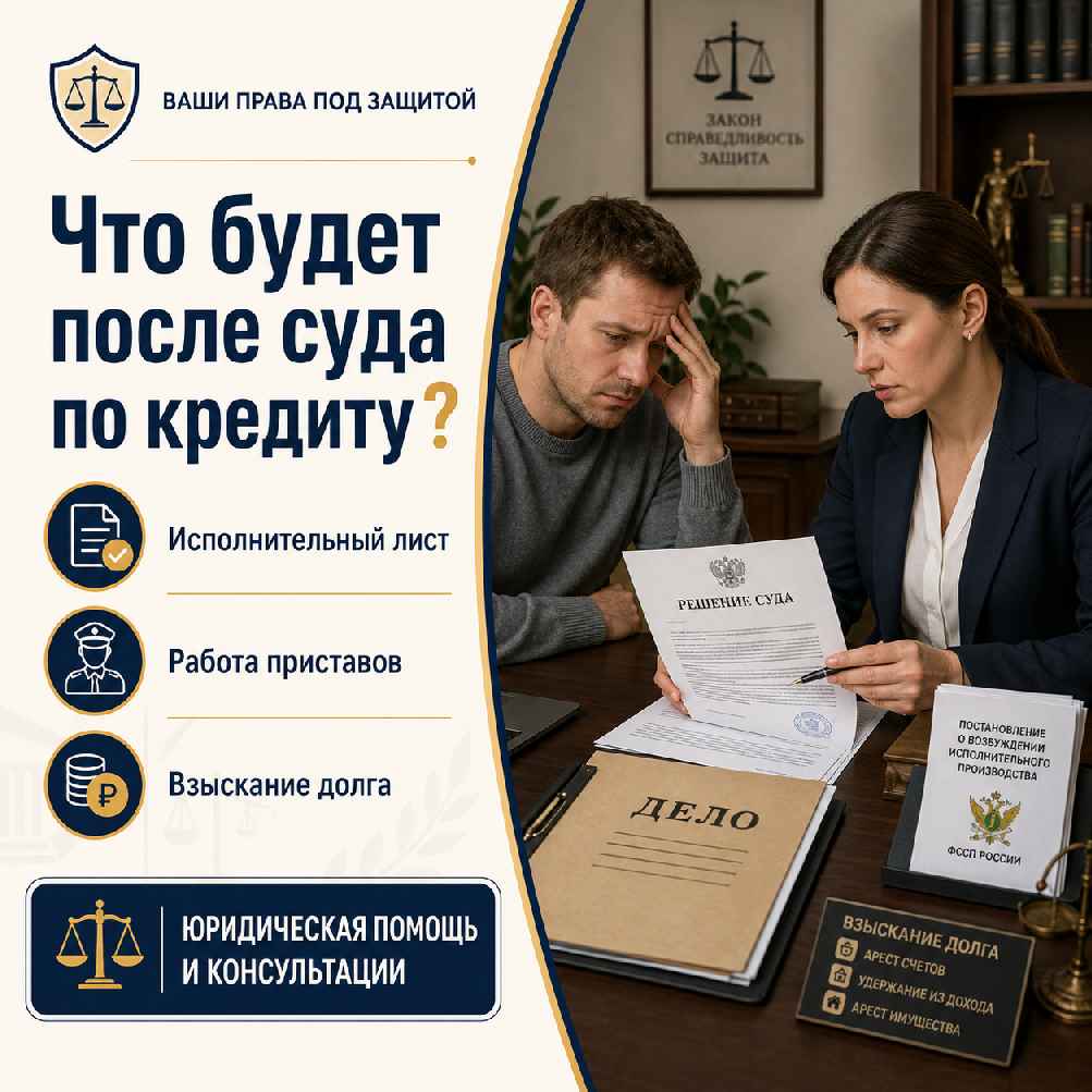 Юридическая консультация после суда по кредиту: заемщик и юрист изучают решение суда и документы по взысканию долга, рядом заголовок «Что будет после суда по кредиту?».